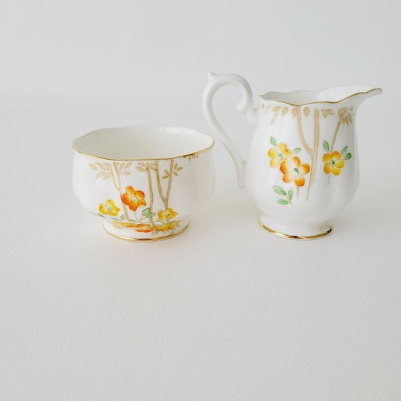 Rare Royal Albert DELL Petite Creamer & Sugar Orange Yellow Floral Bamboo Asian - Picture 2 of 12